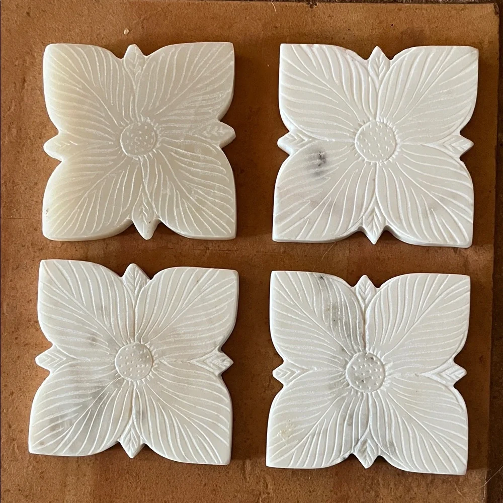 New white cream carved floral set of 4 coasters